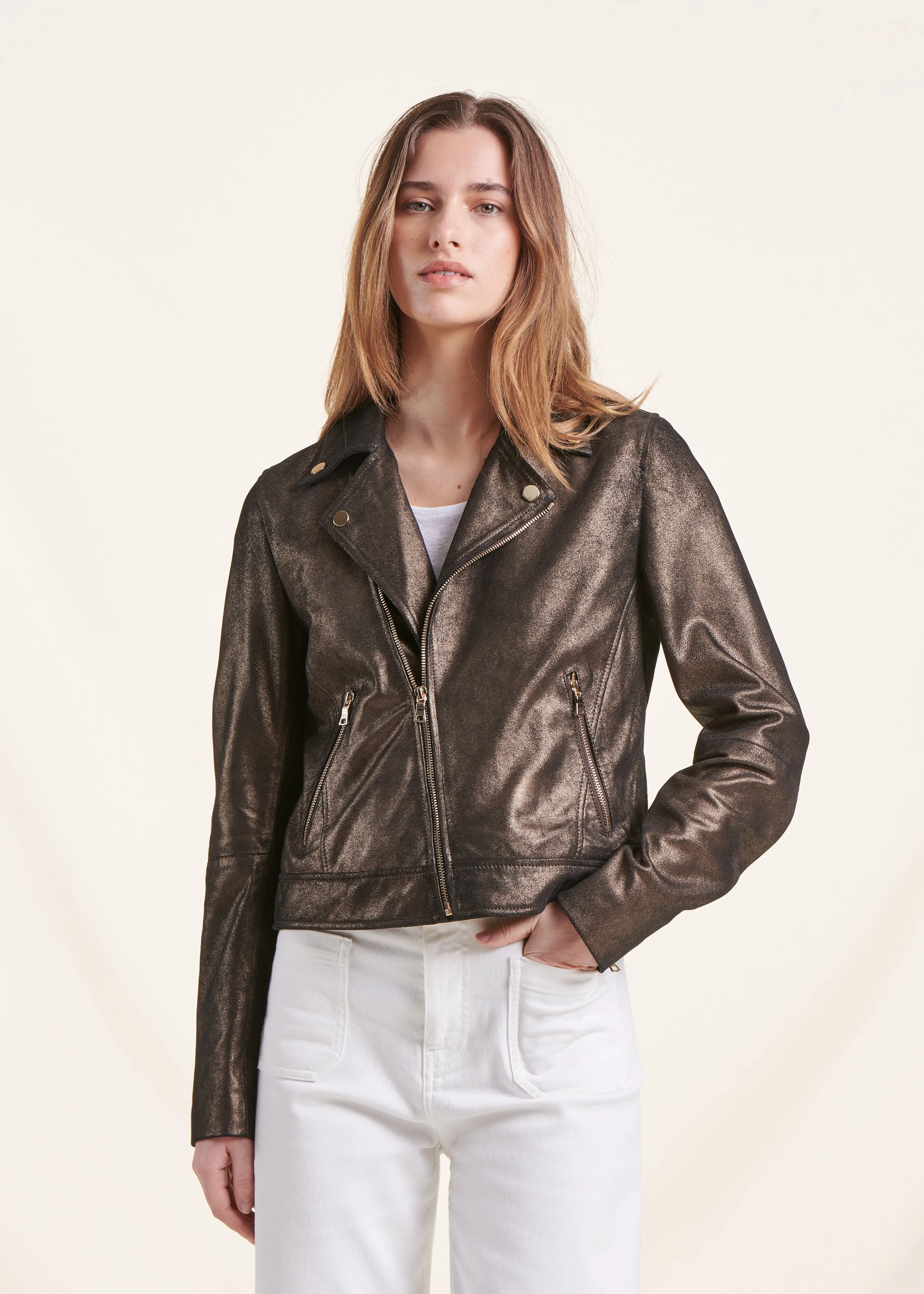 Blouson cuir bronze coupe biker